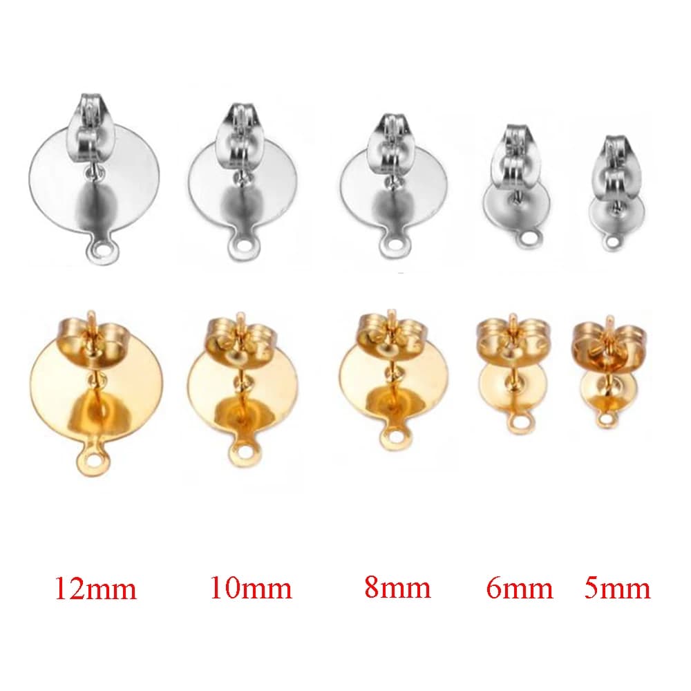 30pcs/lot 5/6/8/10/12mm Stainless Steel Blank Earring Studs Post Pins with Loop Flat Round Tray Base Ear For DIY Jewelry Making
