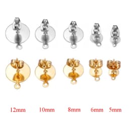 30pcs/lot 5/6/8/10/12mm Stainless Steel Blank Earring Studs Post Pins with Loop Flat Round Tray Base Ear For DIY Jewelry Making