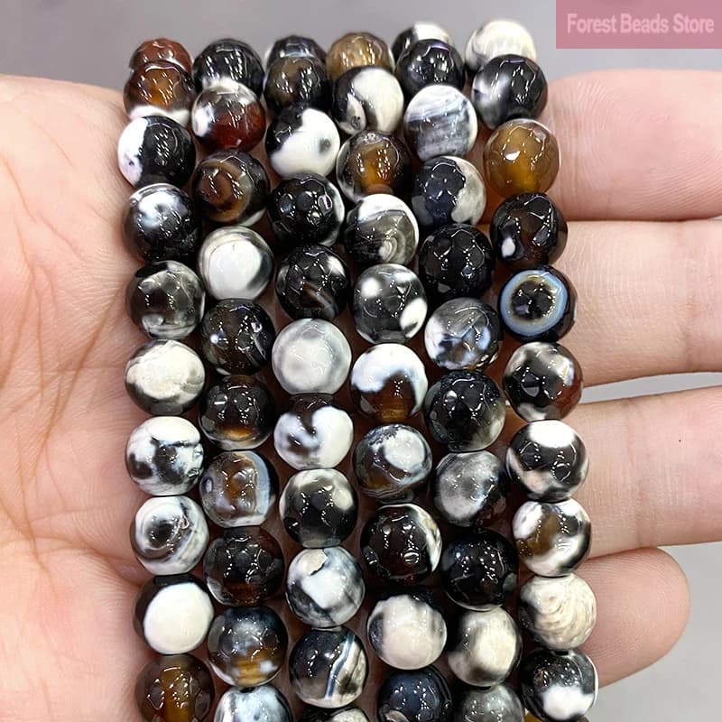 Natural Frost Black Dream Fire Dragon Veins Agates Faceted Round Beads Diy Bracelet Earrings Jewelry Making 15'' Strand 8mm
