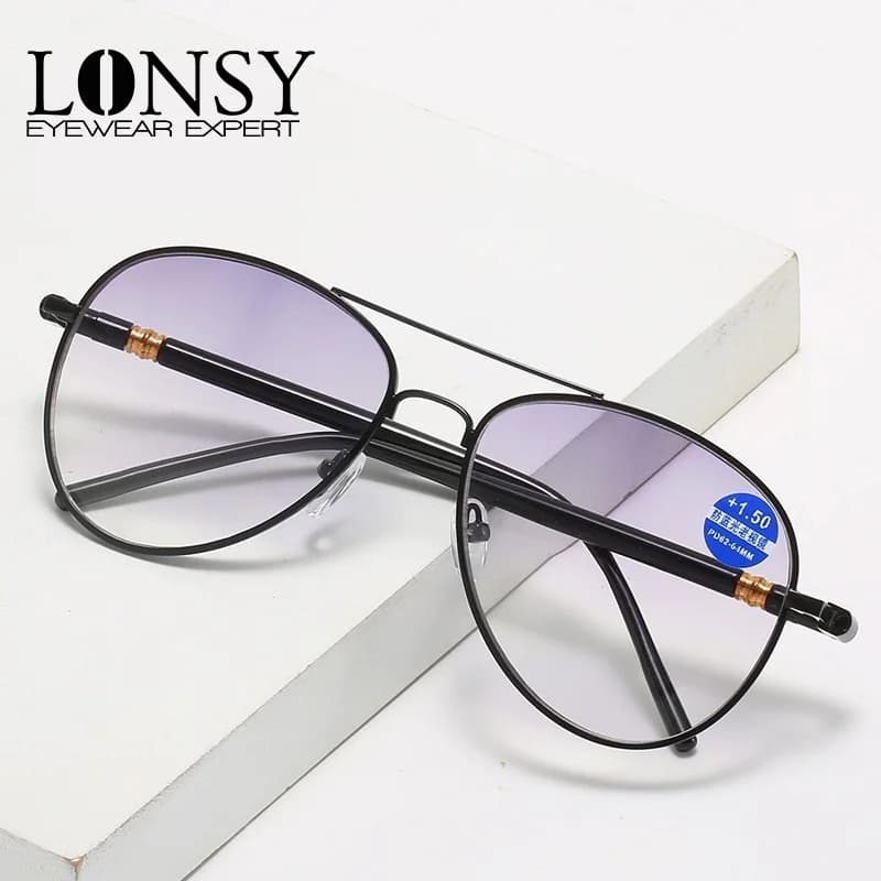 LONSY Double Light Anti Blue Light Reading Glasses Men Women Fashion Pilot Presbyopia Gradient Sunglasses Diopter +1.0 To +3.5