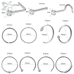 ZS 6-34pcs/Lot Heart Round Nose Piercing Ring Set Stainless Steel Crystal Nose Stud Pack L Shape Nose Nails Piercing Jewelry 20g