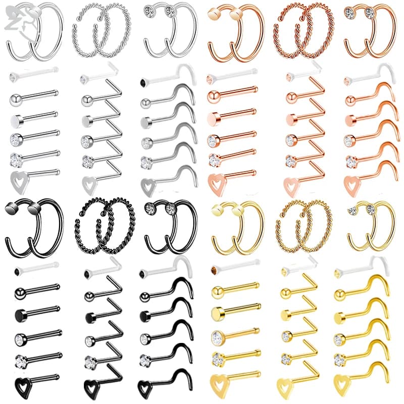 ZS 6-34pcs/Lot Heart Round Nose Piercing Ring Set Stainless Steel Crystal Nose Stud Pack L Shape Nose Nails Piercing Jewelry 20g