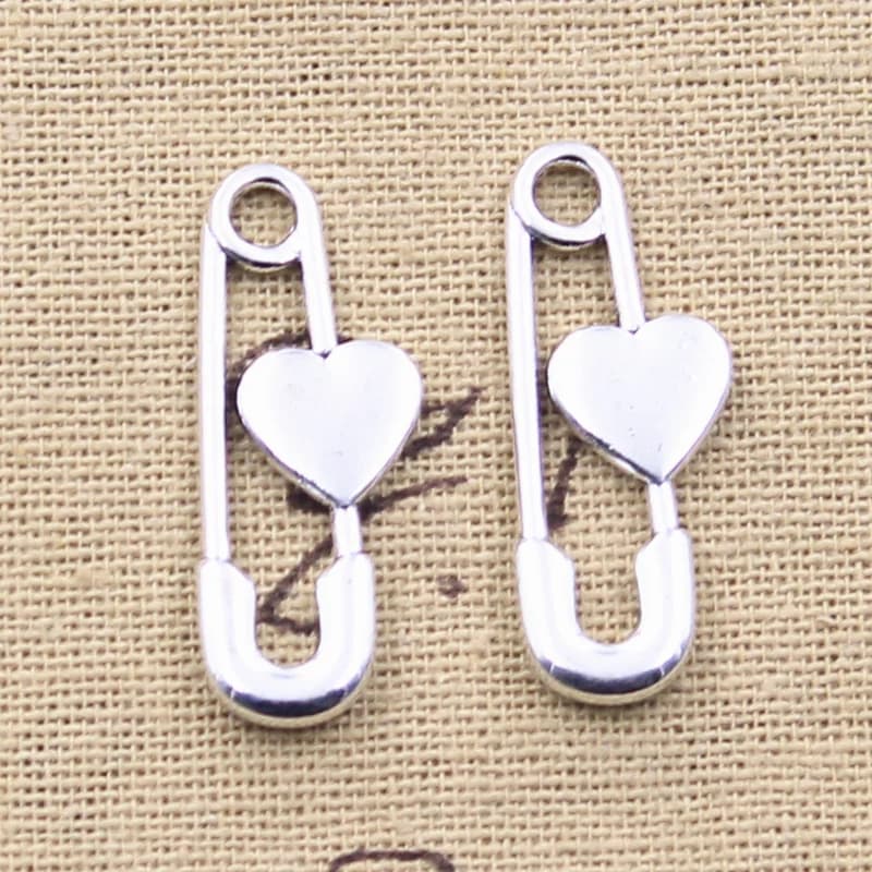 15pcs Charms Pin Brooch With Heart 30x12mm Antique Silver Color Pendants DIY Crafts Making Findings Handmade Tibetan Jewelry