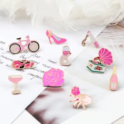 Women Pink Rose Enamel Pins Brooches Champagne Wine Glass Cigarette Vintage Record Player Cute Bike Badges Jewelry for Girl Kids