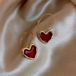 LATS Sweet Burgundy Enamel Heart Earrings for Women Girl Gold Color Metal Love Heart Hanging Dangle Earring Vintage Jewelry