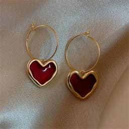 LATS Sweet Burgundy Enamel Heart Earrings for Women Girl Gold Color Metal Love Heart Hanging Dangle Earring Vintage Jewelry