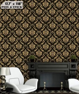 Damask Peel and Stick Wallpaper Black Gold Pre-Pasted Removable Contact Paper Vinyl Self-Adhesive Furniture Stickers for Home