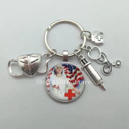 Fashion creative nurse medical syringe stethoscope mask image keychain glass suitable for nurse doctor key ring pendant gift