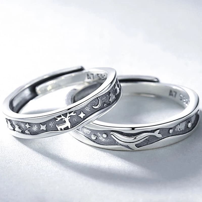 Vintage Creative Couple Rings for Lovers Statement Silver Color Engraving Whale Elk Star Moon Open Engagement Wedding Band Gift