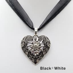 Heart Shape Vintage Carved Edelweiss Pendant Necklace Women Multicolor Rhinestone Ribbon Rope Necklace Oktoberfest Jewelry