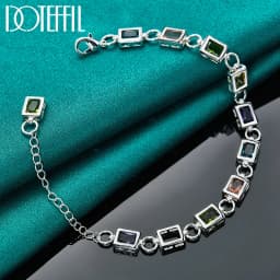 DOTEFFIL 925 Sterling Silver Square inlaid With Multi-color AAA Zircon Bracelet Chain For Woman Engagement Party Wedding Jewelry