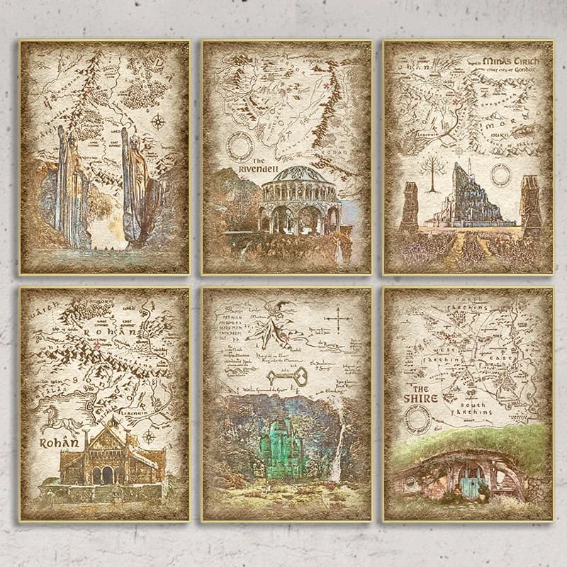 Tolkien Middle Earth Retro Travel Map Wall Art Canvas Painting Prints Fantasy Literature Movie Poster Wall Pictures Home Decor