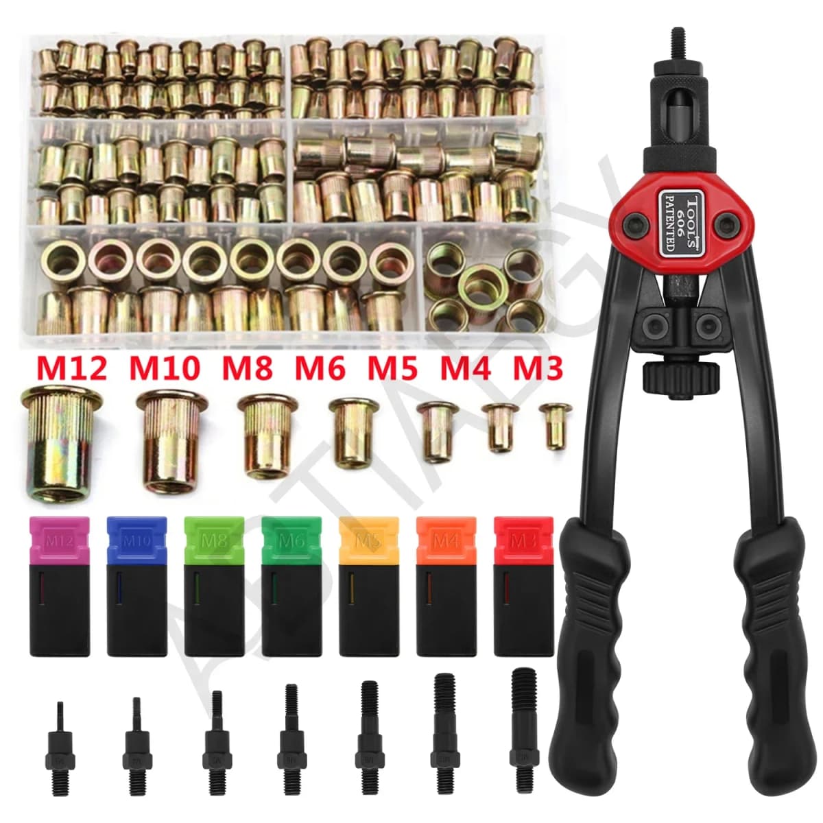 300/220/90pcs M3 M4 M5 M6 M8 M10 M12 Zinc Plated Carbon Steel Flat Head Rivet Nuts OR BT606 Manual Riveter Gun Nut Gun