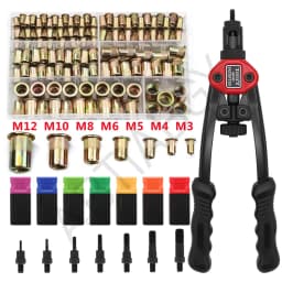 300/220/90pcs M3 M4 M5 M6 M8 M10 M12 Zinc Plated Carbon Steel Flat Head Rivet Nuts OR BT606 Manual Riveter Gun Nut Gun