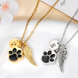 Paw Print Ashes Urn Pendant Necklace Stainless Steel Letter Initial Charm Memorial Dog Cat Pet Keepsake with Angel Wing