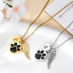 Paw Print Ashes Urn Pendant Necklace Stainless Steel Letter Initial Charm Memorial Dog Cat Pet Keepsake with Angel Wing