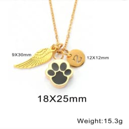 Paw Print Ashes Urn Pendant Necklace Stainless Steel Letter Initial Charm Memorial Dog Cat Pet Keepsake with Angel Wing