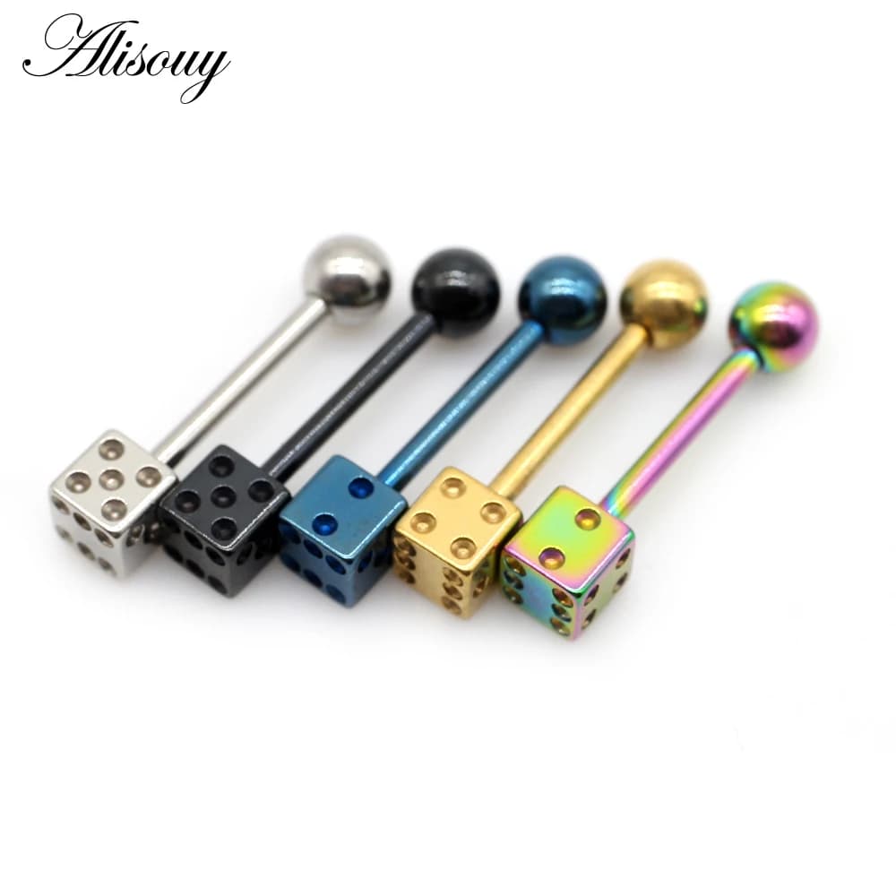 Alisouy 2pcs Punk Unisex Ball Dice Stainless Steel Tongue Rings Bars Girls 14G Industrial Barbells Tongue Piercing Body Jewelry