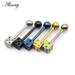 Alisouy 2pcs Punk Unisex Ball Dice Stainless Steel Tongue Rings Bars Girls 14G Industrial Barbells Tongue Piercing Body Jewelry