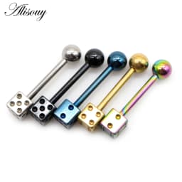 Alisouy 2pcs Punk Unisex Ball Dice Stainless Steel Tongue Rings Bars Girls 14G Industrial Barbells Tongue Piercing Body Jewelry