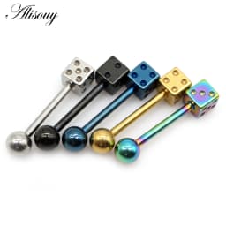Alisouy 2pcs Punk Unisex Ball Dice Stainless Steel Tongue Rings Bars Girls 14G Industrial Barbells Tongue Piercing Body Jewelry
