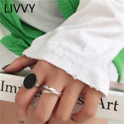 LIVVY Minimalist Fashion Oval Shaped Black Drop Glaze Silver Color Open Ring Double Temperament Jewelry Gift For Woman