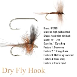 ICERIO 100PCS Nymphs Dry Wet Fly Tying Hook Down Eye 1X Long Shank Round Bend Trout Fishing Hooks