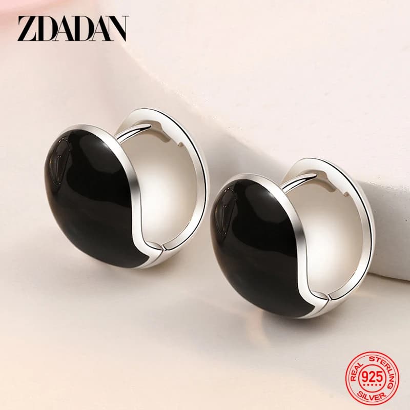 ZDADAN 925 Sterling Silver Black Round Hoop Earring For Women Fashion Jewelry