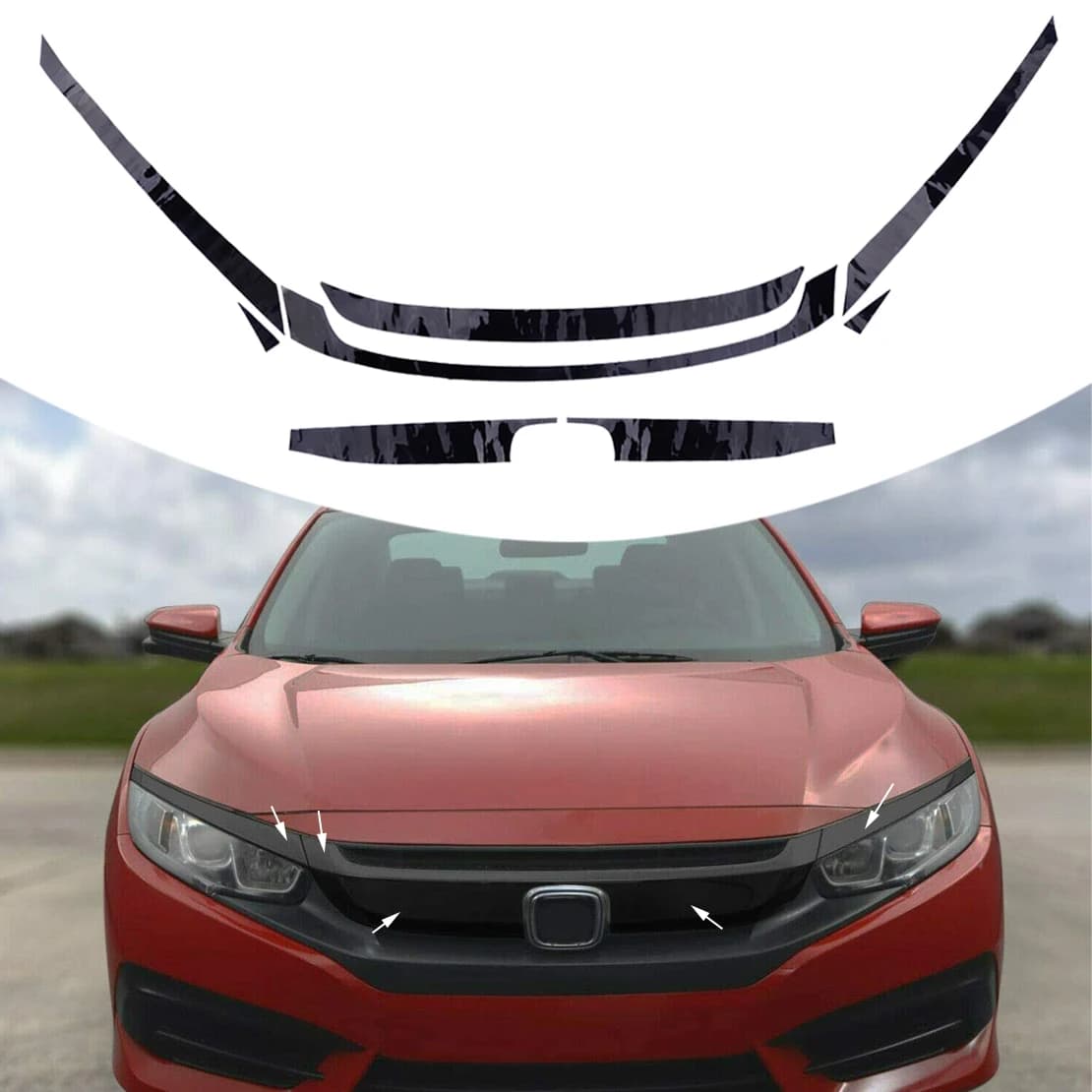 8pcs/set Glossy Black Car Front Upper Bumper Grille Molding Trim Protector Sticker Fit For Honda Civic 2016 2017 2018 2019 2020