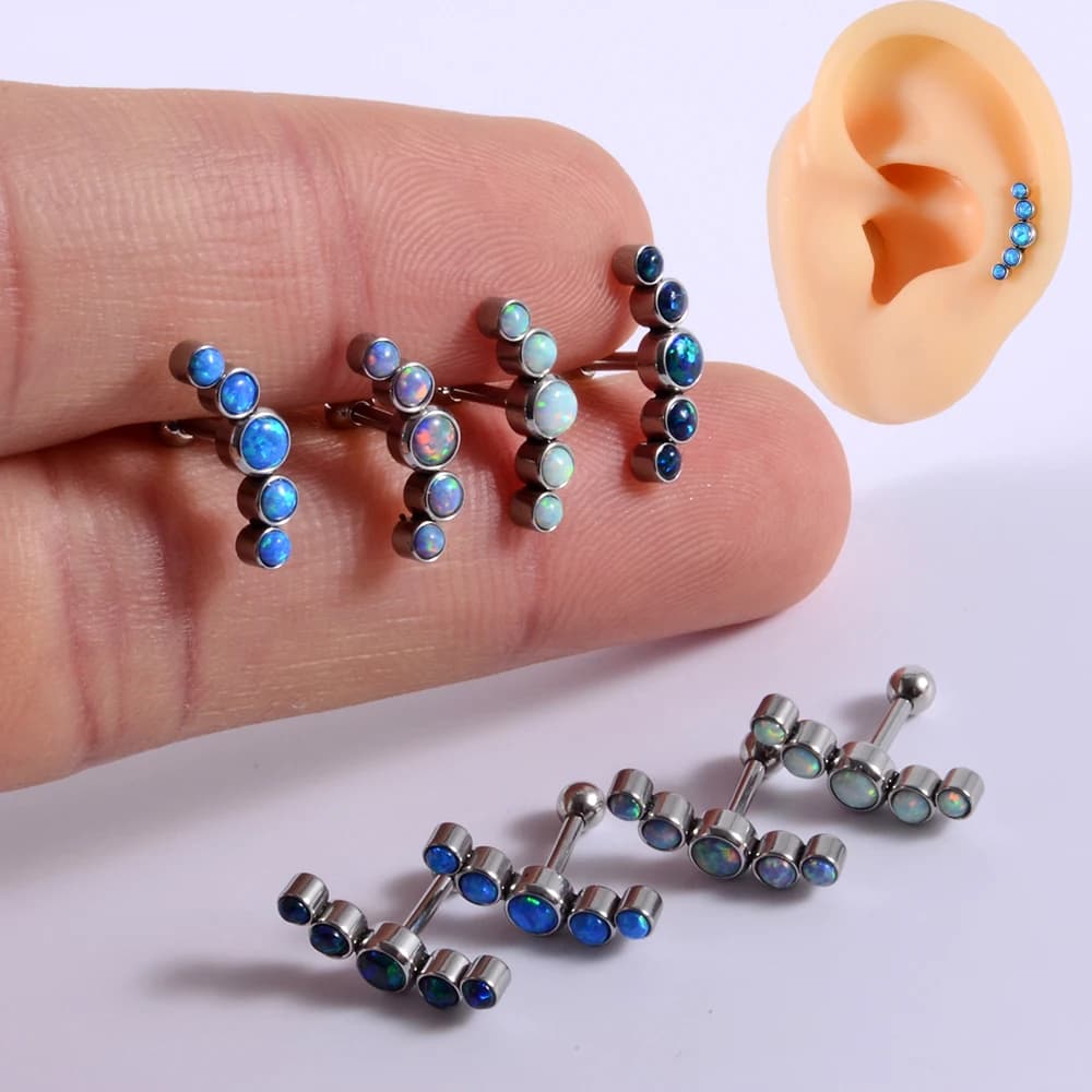 1PC Surgical Steel Five Opal Ear Tragus Cartilage Stud Helix Piercing Earrings Crystal Ear Lobe Piercing Barbell Jewelry