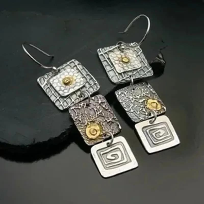 Punk Geometric Carved Square Dangle Earrings Women Tribal Jewelry Vintage Metal Handmade Long Hook Earrings Gift