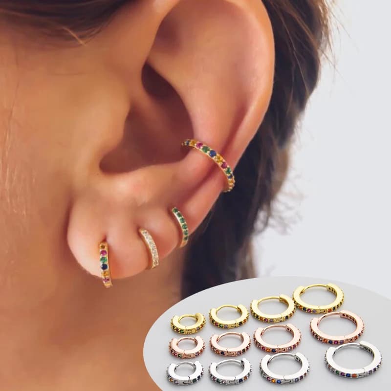Cute Rainbow Small Hoop Earrings Crystal Multicolor Zircon Stone Tiny Huggies Minimal Round Circle Earring Piercing 6/8/10/12mm