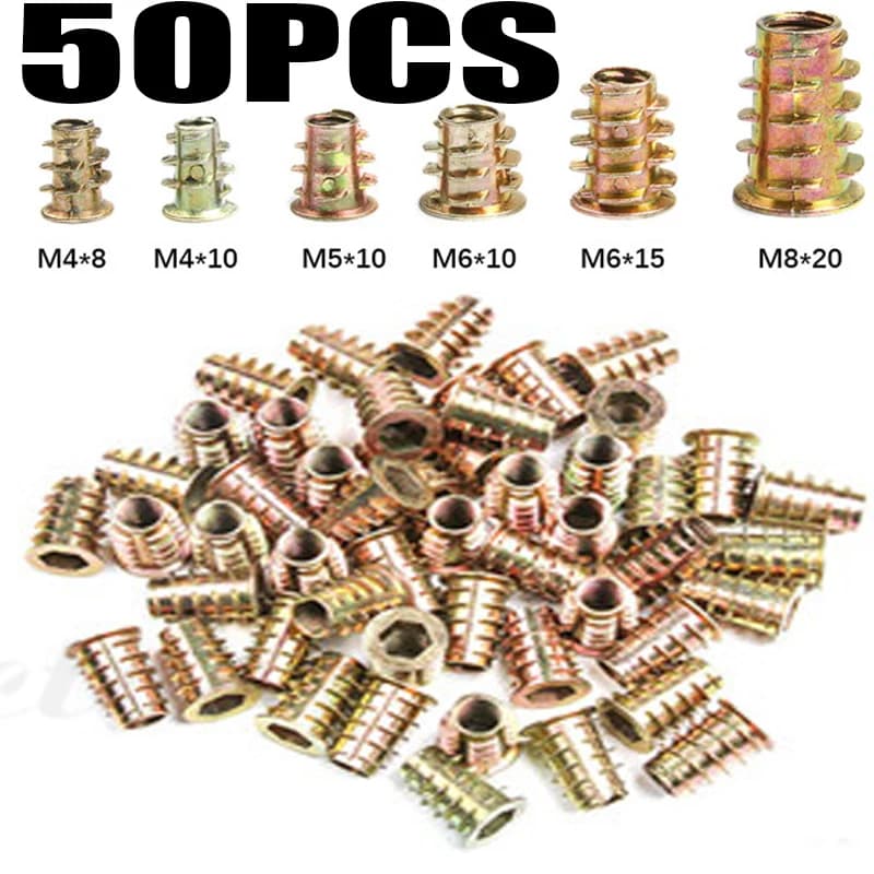 50Pcs Zinc Alloy Thread For Wood Insert Nut M4 M5 M6 M8 Flanged Hex Drive Head Furniture Nuts Kit Bolts and Nuts