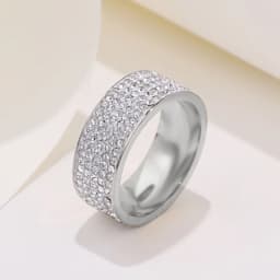 8mm Women's Full Rhinestone Shiny Wide Rings Stainless Steel Gold Silver Color for Men Hiphop Fashion Jewelry for Party WC029