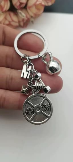 1 piece A-Z power sports barbell dumbbell charm weight gym weightlifting keychain 45 pounds weight plate keychain men’s gift