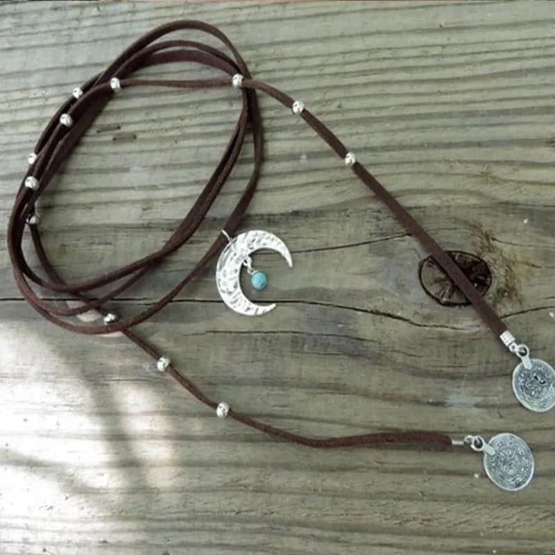 Boho Wrap Necklace Boho Choker Necklace Brown Turquoise Suede Necklace Crescent Moon Necklace