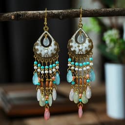 Bohemian Antique Gold Color Long Water Drop Tassel Earrings for Women Vintage Colorful Geometric Drop Dangle Earrings Jewelry