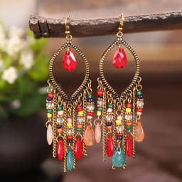 Bohemian Antique Gold Color Long Water Drop Tassel Earrings for Women Vintage Colorful Geometric Drop Dangle Earrings Jewelry