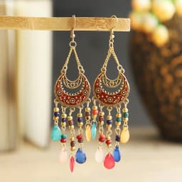 Bohemian Antique Gold Color Long Water Drop Tassel Earrings for Women Vintage Colorful Geometric Drop Dangle Earrings Jewelry