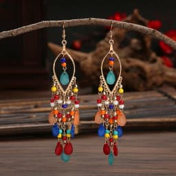 Bohemian Antique Gold Color Long Water Drop Tassel Earrings for Women Vintage Colorful Geometric Drop Dangle Earrings Jewelry