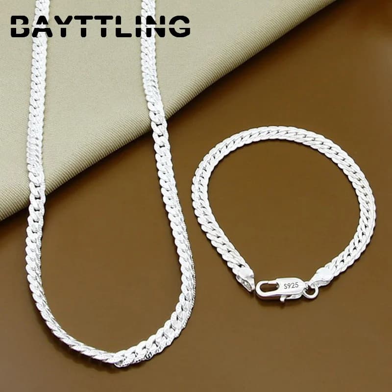 BAYTTLING 925 Sterling Silver 2 Piece 5MM Full Sideways Chain Necklace Bracelet For Women Men Fashion Jewelry Sets Wedding Gift