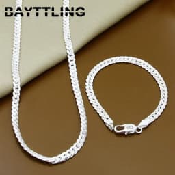 BAYTTLING 925 Sterling Silver 2 Piece 5MM Full Sideways Chain Necklace Bracelet For Women Men Fashion Jewelry Sets Wedding Gift