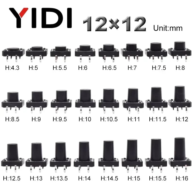 10pcs Panel PCB Tact Push Button On Off Momentary Reset Tactile Microswitch DC12V 4 Pin DIP 12x12 H=5/6/7/8/9/10/12/13/15/16mm