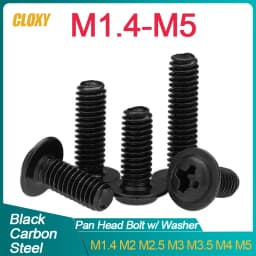 10/ 20/ 50/ 100pcs PWM M1.4 M2 M2.5 M3 M3.5 M4 M5 Black Carbon Steel Cross Phillips Pan Round Head With Washer Collar Screw Bolt