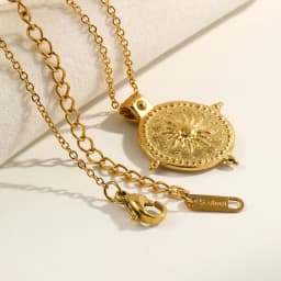E.B.belle Frosted Surface Acient Sun Compass Pendant Necklace For Woman Ladies New Stee PVD Plated Coin Necklace Gold Jewelry