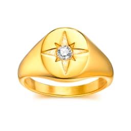 Women Star Signet Rings, Gold Color Solid Stainless Steel Round Top Finger Band, AAA CZ Stone Star Girl Anel