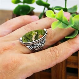 Irregular Eye Shape Unakite Rings Flower Band Natural Stone Antique Silver Plated Fashion Ring