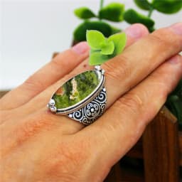 Irregular Eye Shape Unakite Rings Flower Band Natural Stone Antique Silver Plated Fashion Ring