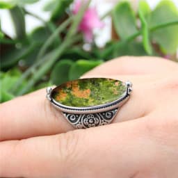 Irregular Eye Shape Unakite Rings Flower Band Natural Stone Antique Silver Plated Fashion Ring