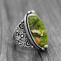 Irregular Eye Shape Unakite Rings Flower Band Natural Stone Antique Silver Plated Fashion Ring